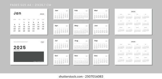 Set of Pages Monthly Calendar Planner Templates,annuals on 2025-2026, Cover with Place for Photo, Company Logo. Vector pages size A4 for wall or desk calendar with week starting on Monday for printing