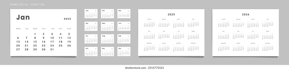 Set von Seiten Monatskalender Planer Vorlagen und Jahreszahlen 2025-2026 im minimalen Stil. Vektorseiten Größe A4-21x29,7 cm für Wand oder Schreibtisch minimalistischen Kalender mit Woche ab Montag zum Drucken