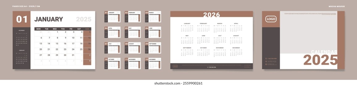 Set of Pages Monthly Calendar Planner Templates on 2025, and Annual calendar 2026, Cover. Vector layout Calendar Pages size A4-21x29.7cm for print. Week start Monday