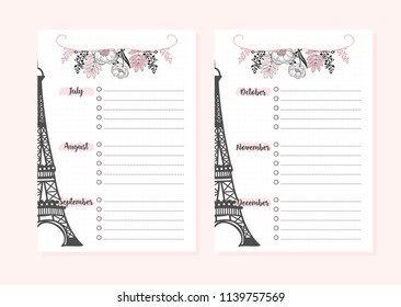 Set of pages for monthly planner for study or work.Backgrounds and inscriptions. Vector illustration
