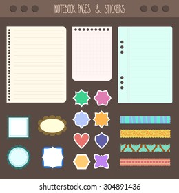 Set of pages notebook with stickers, colored tape, staples. Template for school accessories, scrapbooking, wrapping, notebooks, diary, decals.