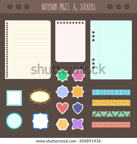 Set of pages notebook with stickers, colored tape, staples. Template for school accessories, scrapbooking, wrapping, notebooks, diary, decals.