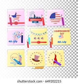 Set. The pages of the notebook are yellow. Stickers with pencils. Logo. Hat, city silhouette, flag ...