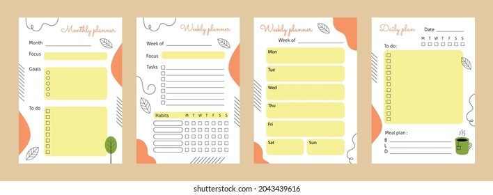 A set of pages for planning a day, week, month. Vector element with abstract elements and lines. Habit tracker, meal planning, to-do list. Readyconcept design for daily planner