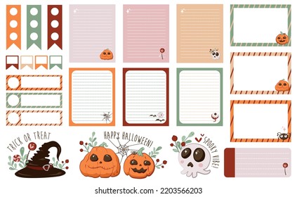 Set of pages, pointers for recording important tasks, reminders not to forget, for a day, week, month or year. Stickers with Halloween symbols. To do this, the sheets are drawn in a cute simple style.