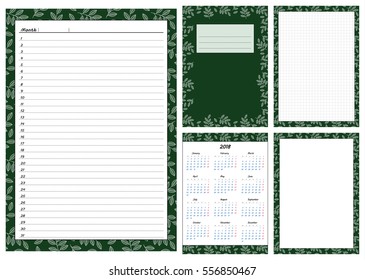 Set of pages template for daily planner. Printable, for scrapbook. Leaves on green background. Part 2. Calendar 2018, cover, cell and empty page, for every day in month notes. Vector illustration.