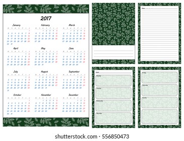 Set of pages template for daily planner. Printable, for scrapbook. Leaves on green background design. Part 1. Calendar 2017, cover, for every day in week notes, lined page. Vector illustration.
