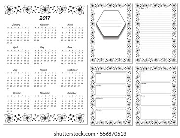 Set of pages template for daily planner. Printable, for scrapbook. Black and white molecule design. Part 1. Calendar 2017, cover, for every day in week notes, lined page. Vector illustration.