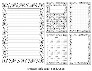 Set of pages template for daily planner. Printable, for scrapbook. Black and white molecule design. Part 2. Calendar 2018, cover, cell, empty page, for every day in month notes. Vector illustration.
