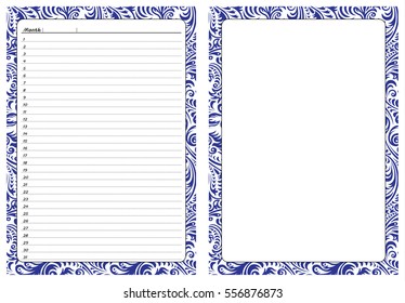 Set of pages template for daily planner. Printable, for scrapbook. Blue openwork ornament design. Part 4. Page for every day in month notes and empty sheet with border. Vector illustration.