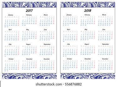 Set of pages template for daily planner. Printable, for scrapbook. Blue openwork ornament design. Part 1. Calendar 2017 and 2018 years. Vector illustration.