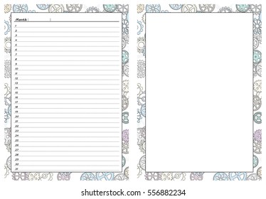 Set of pages template for daily planner. Printable, for scrapbook. Gears design. Part 4. Page for every day in month notes and empty sheet with border. Vector illustration.