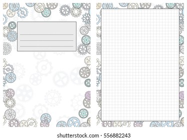 Set of pages template for daily planner. Printable, for scrapbook. Gears design. Part 5. Diary cover, page with cells. Vector illustration.