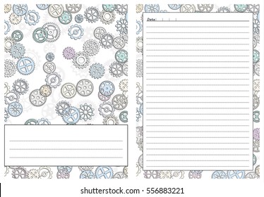 Set of pages template for daily planner. Printable, for scrapbook. Gears design.  Part 2. Diary cover, page for every day notes. Vector illustration