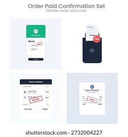 Set of paid order receipt and payment illustrations