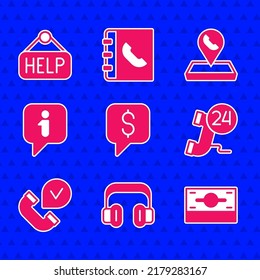 Set Paid support, Headphones, Stacks paper money cash, Telephone 24 hours, handset, Information, Call center location and Signboard with text Help icon. Vector