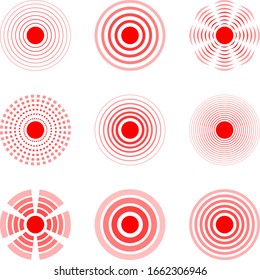 Set of pain circles to illustrate target problems. Red circles of pain to indicate localization of pain in different parts of the human body.