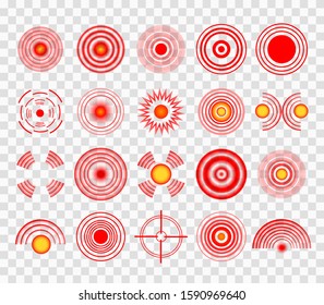 A set of pain circles, red rings. The symbol of pain on the body and joints. Vector illustration 