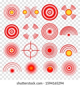 A set of pain circles, red rings. The symbol of pain on the body and joints. Vector illustration 