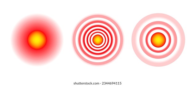 A set of pain circles, red rings. The symbol of pain on the body and joints.Target spots pointing pain place vector graphic. Pain red circle or localization mark. Vector illustration