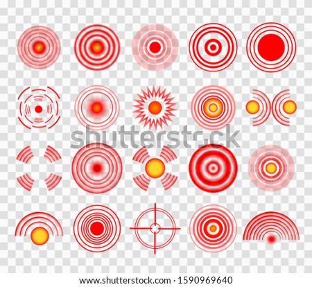 A set of pain circles, red rings. The symbol of pain on the body and joints. Vector illustration 