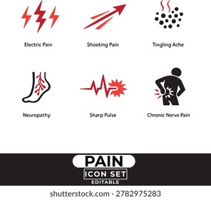 Set of pain icons representing various types of physical discomfort including electric pain, shooting pain, tingling ache, neuropathy, sharp pulse, and chronic nerve pain