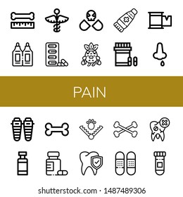 Set of pain icons such as Bone, Suppositories, Medicine, Pills, Drugs, Crying, Ointment, Analgesic, Plaster, Nose bleeding, Shin, Drug container, Trap, Tooth, Bones, Bandage , pain