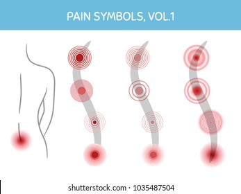 Set of pain markers for illustrations, medical and healthcare themed designs. Assorted icons showing pain focus, trigger points and painful areas of body. Vector elements, isolated on white.