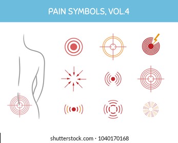 Set of pain markers for illustrations, medical and healthcare themed designs. Assorted icons showing pain focus, trigger points and painful areas of body. Vector elements, isolated on white.