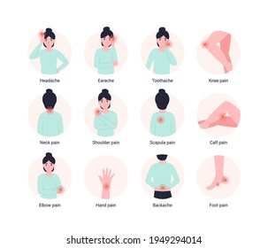 Set pain points or zones on woman body. Painful hurts areas on patient. Flat vector cartoon infographic.