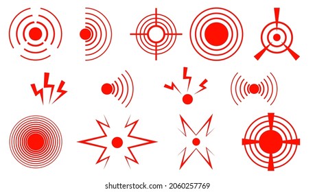 Set of pain red circle or ache localization icon. Vector isolated pain symbols. Muscle pain, painful headaches or health for logo, design, painkiller medicine, pill, package, or medical information