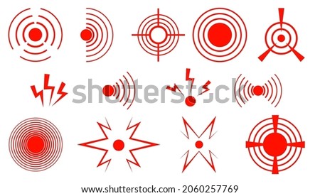 Set of pain red circle or ache localization icon. Vector isolated pain symbols. Muscle pain, painful headaches or health for logo, design, painkiller medicine, pill, package, or medical information