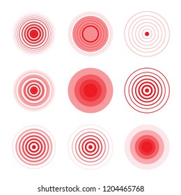 Set of pain red circle or localization mark, aching place sign. Abstract vector symbol of the disease focus.