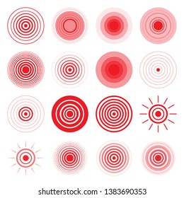 Set of pain red circle or localization mark, aching place sign. Abstract vector symbol of the disease focus.