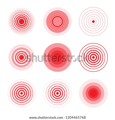 Set of pain red circle or localization mark, aching place sign. Abstract vector symbol of the disease focus.