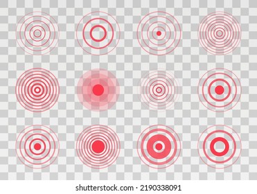 Reihe von Schmerzen roten Kreise einzeln auf transparentem Hintergrund. Das Symbol für Schmerzen am Körper und an den Gelenken. Vektorgrafik.