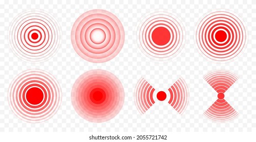 Conjunto de círculos rojos de dolor. Anillos rojos. Lugar de dolor, señal de localización y manchas de dolor. Símbolo de dolor punzante en el cuerpo y las articulaciones. Ilustración vectorial.