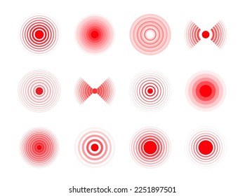 Conjunto de círculos rojos de dolor. Anillos rojos. Lugar de dolor, señal de localización y manchas de dolor. Símbolo de dolor punzante en el cuerpo y las articulaciones. Vector