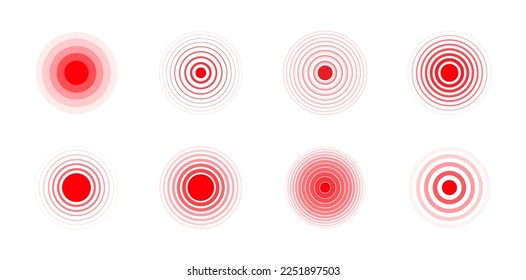 Reihe von Schmerzen roten Kreise. Rote Ringe. Schmerzstelle, Lokalisierungszeichen und Schmerzpunkte. Das Herzschmerzsymbol am Körper und an den Gelenken. Vektorgrafik