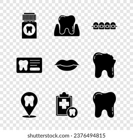 Set Painkiller tablet, Tooth, Teeth with braces, Dental clinic location, card,  and Smiling lips icon. Vector