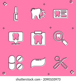 Set Painkiller tablet, Tooth treatment procedure, Dental card, clinic location, X-ray of tooth, search,  and Toothpaste icon. Vector