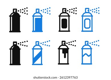 A set of paint aerosol can icons is depicted in black and blue hues on a white background