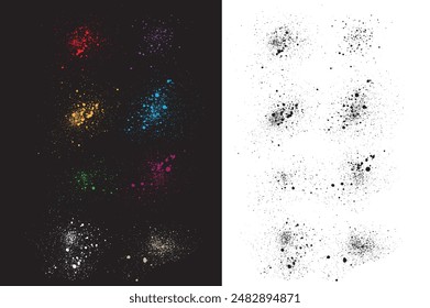 Set of paint black mud ink grunge texture illustration. Dirty artistic black spatter vector set. Black red orange green yellow blue purple pink wheat color grunge texture collection