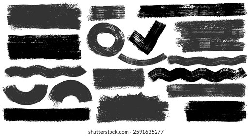 Set of Paint Bold Dry Brush Strokes, Vector Hand Drawn Thick Grunge Lines And Rectangle Shapes. Sketchy Bold Black Lines. Ink Brush Strokes And Banners. Grunge Marker Highlight Underline Collection.