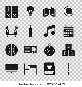 Establecer pincel de pintura, bloques ABC, Calendario, Libro abierto, Marcador, Bus escolar, Calculadora y nota musical, icono de tono. Vector