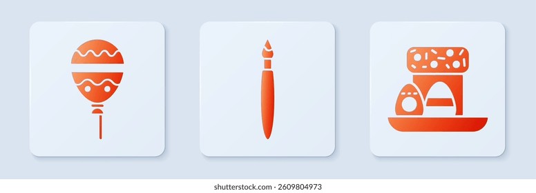 Set Paint brush, Balloons with ribbon and Easter cake and eggs. White square button. Vector