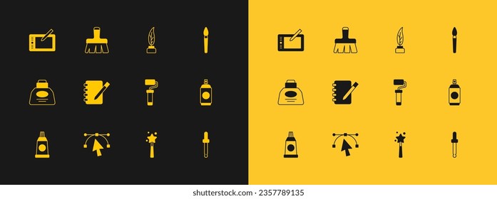 Set Paint brush, Bezier curve, roller, Magic wand, Notebook, Feather inkwell, Graphic tablet and  icon. Vector