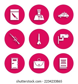 Set Paint brush, Briefcase, Law book, Security camera, Prison cell door, Sniper rifle with scope, Police car and flasher and Evidence bag knife icon. Vector