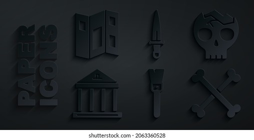 Pinsel in Farbe, menschlicher gebrochener Schädel, Museumsgebäude, Knochen in Kreuzungen, Dagger und Broschürensymbol. Vektorgrafik