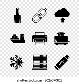 Set Paint brush, Chain link, Cloud upload, Sun and snowflake, Server, Data, Web Hosting and USB flash drive icon. Vector